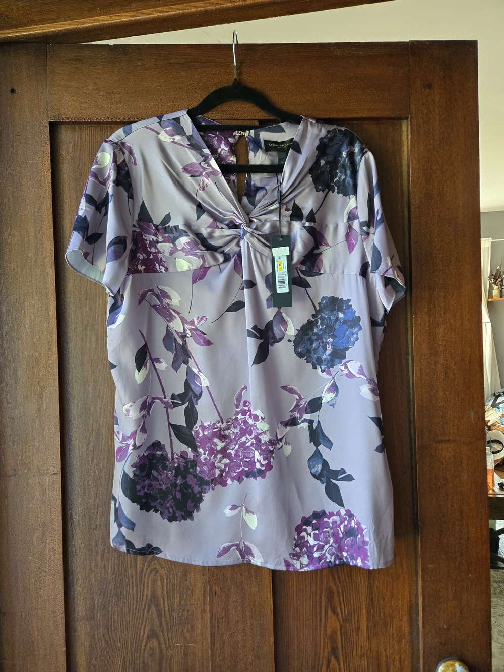 Donna Karan  Twist-Neck Short Sleeve Top - Lavender